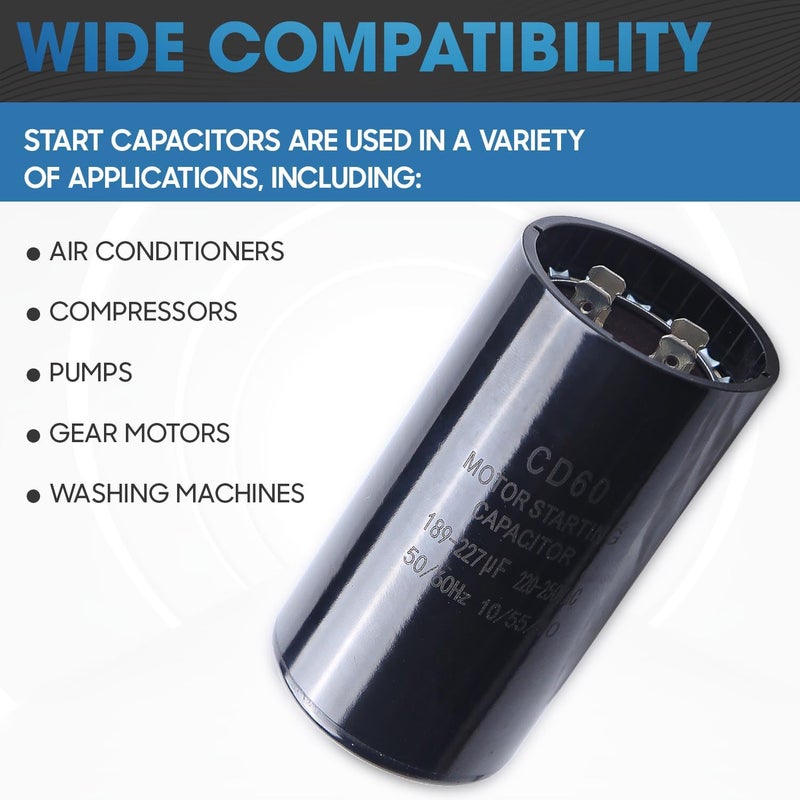 Seentech 189-227 uf/MFD 220-250 VAC ±20% CD60 Round Motor Start Capacitor 50/60 Hz AC Electric Motor Universal Fit for AC Motor Run or Fan Start and Cool or Heat Pump Air Conditioner - Image 4